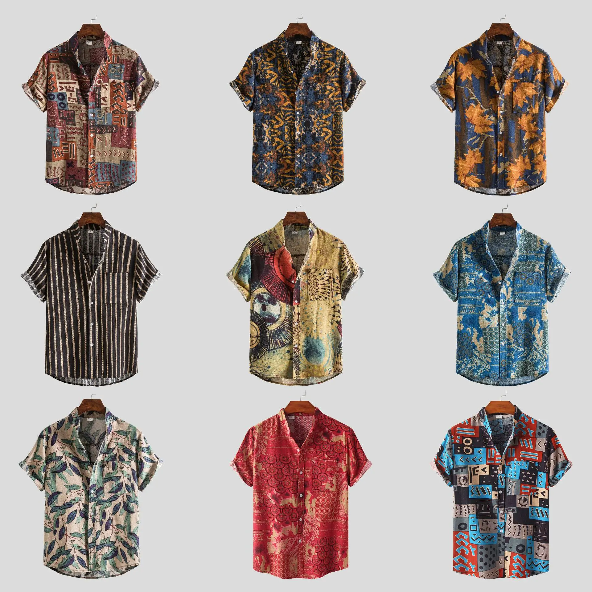 

2023 Summer New Men's Shirts Youth Enlarged Standing Collar Fragmented Flower Print Fashion and Versatile Short Sleeve Shirts