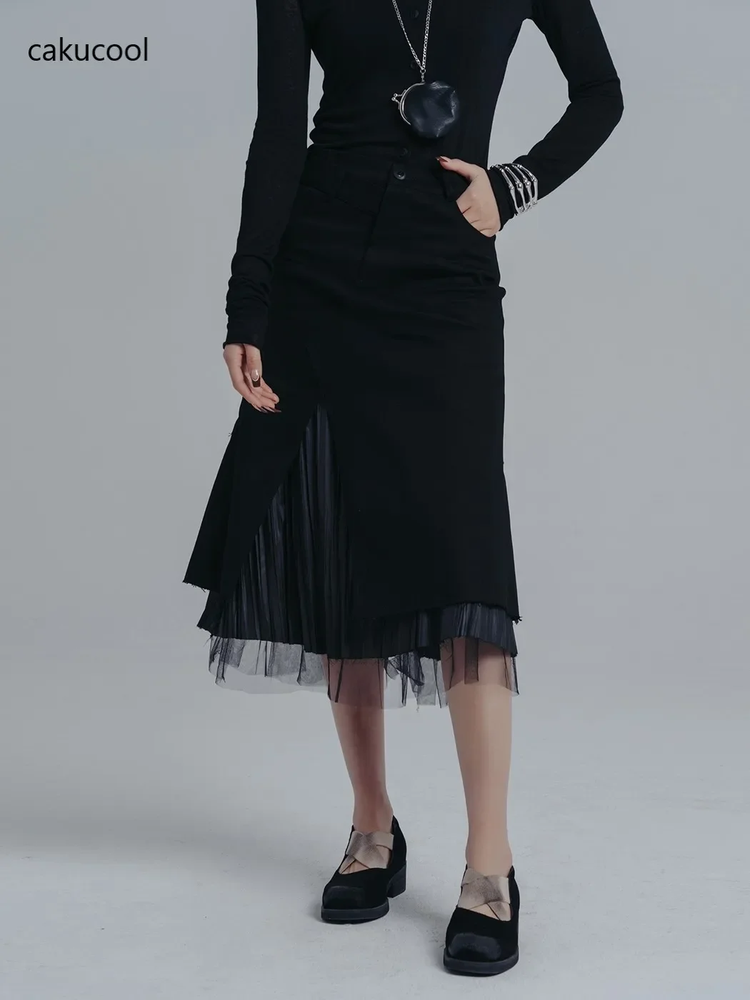 

Cakucool Original Design Black Mid Long Skirt Mesh Patch A-line Slit Gothic Grunge Skirt Korean Pleated Patchwork Skirts