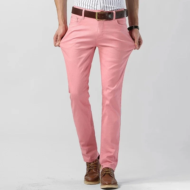 Classic Style Men's  Red yellow pink Jeans Fashion Business Casual Straight Denim Stretch Trousers Male Brand Pants