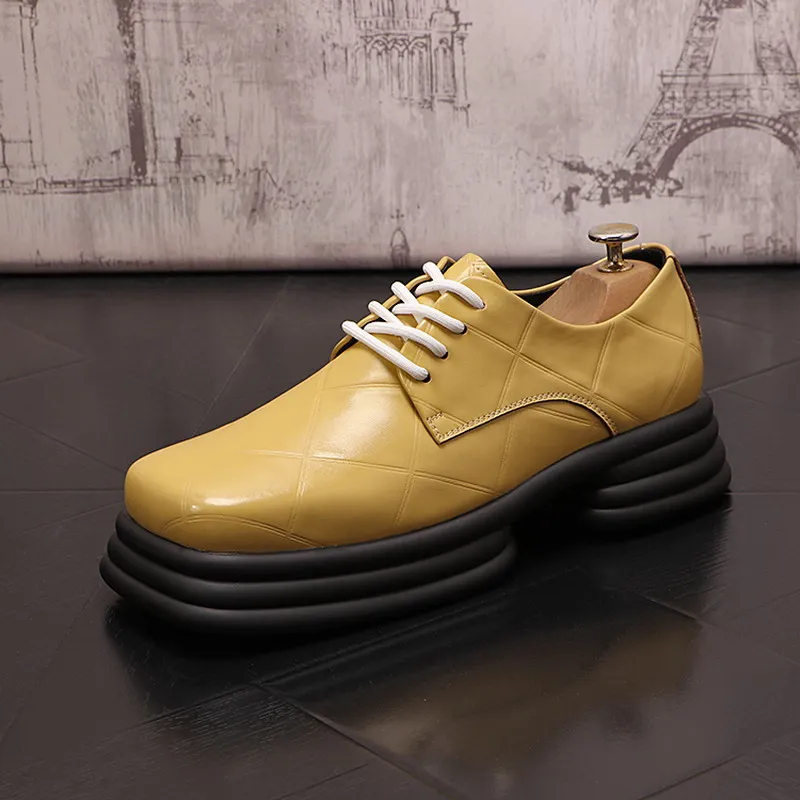 Luxury Mens Yellow Dress Shoes Square Toe Height Increasing Fashion Pu