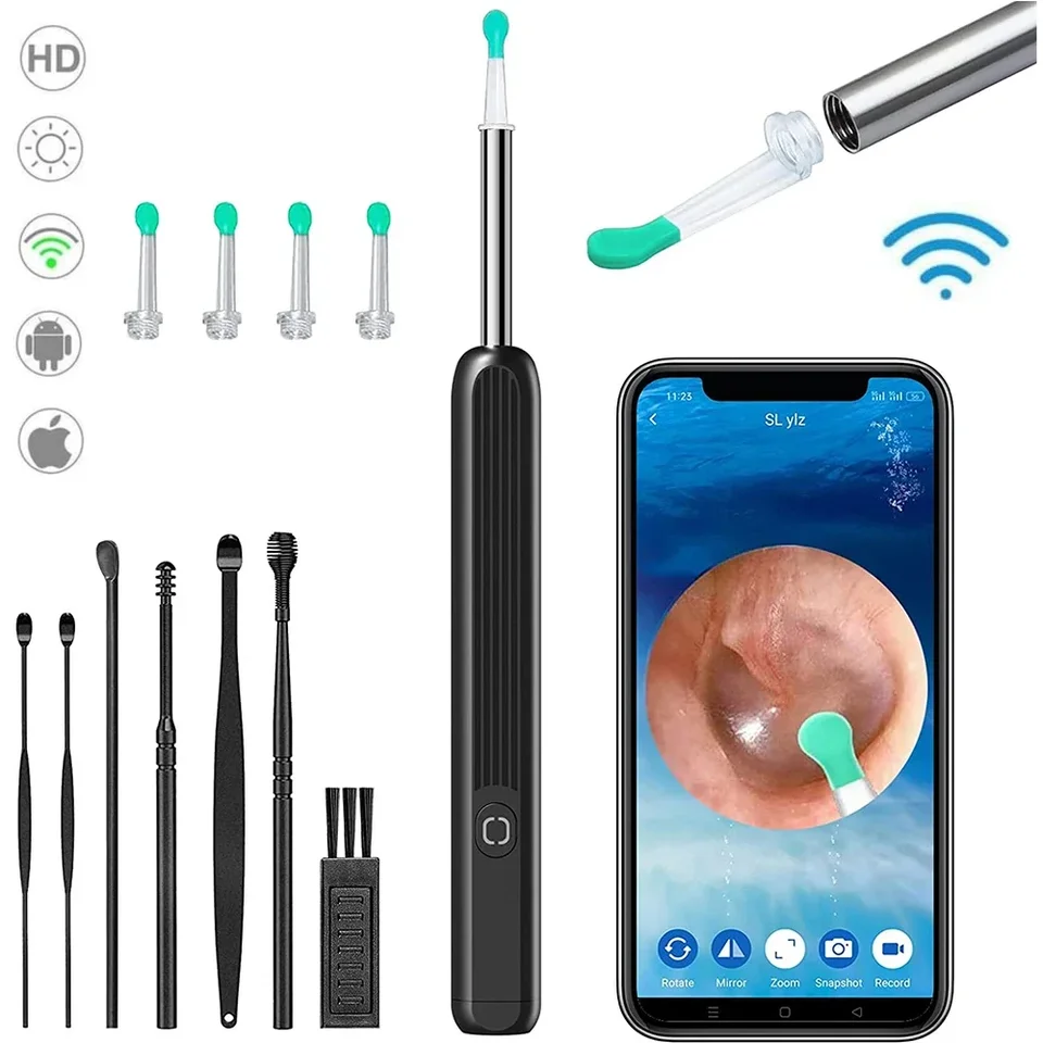 Kanoscope de nettoyage d'oreille visuel Wi-fi sans fil, kit de livres HD  1296P, bâtons de retrait, caméra endoscopique, outil d'avertissement d' oreille