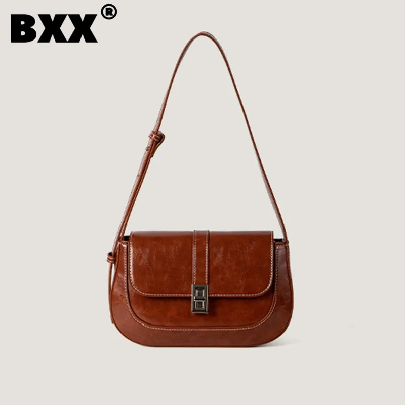 

[BXX] Vintage Versatile Underarm Bag For Women 2023 New Solid Color Pu Leather Metal Lock Catch One Shoulder Crossbody Bag Y1171