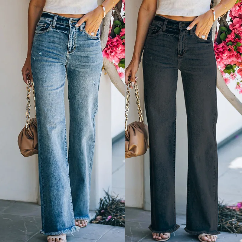 

2023 fashion autumn new casual trousers straight wash jeans women high waisted jeans