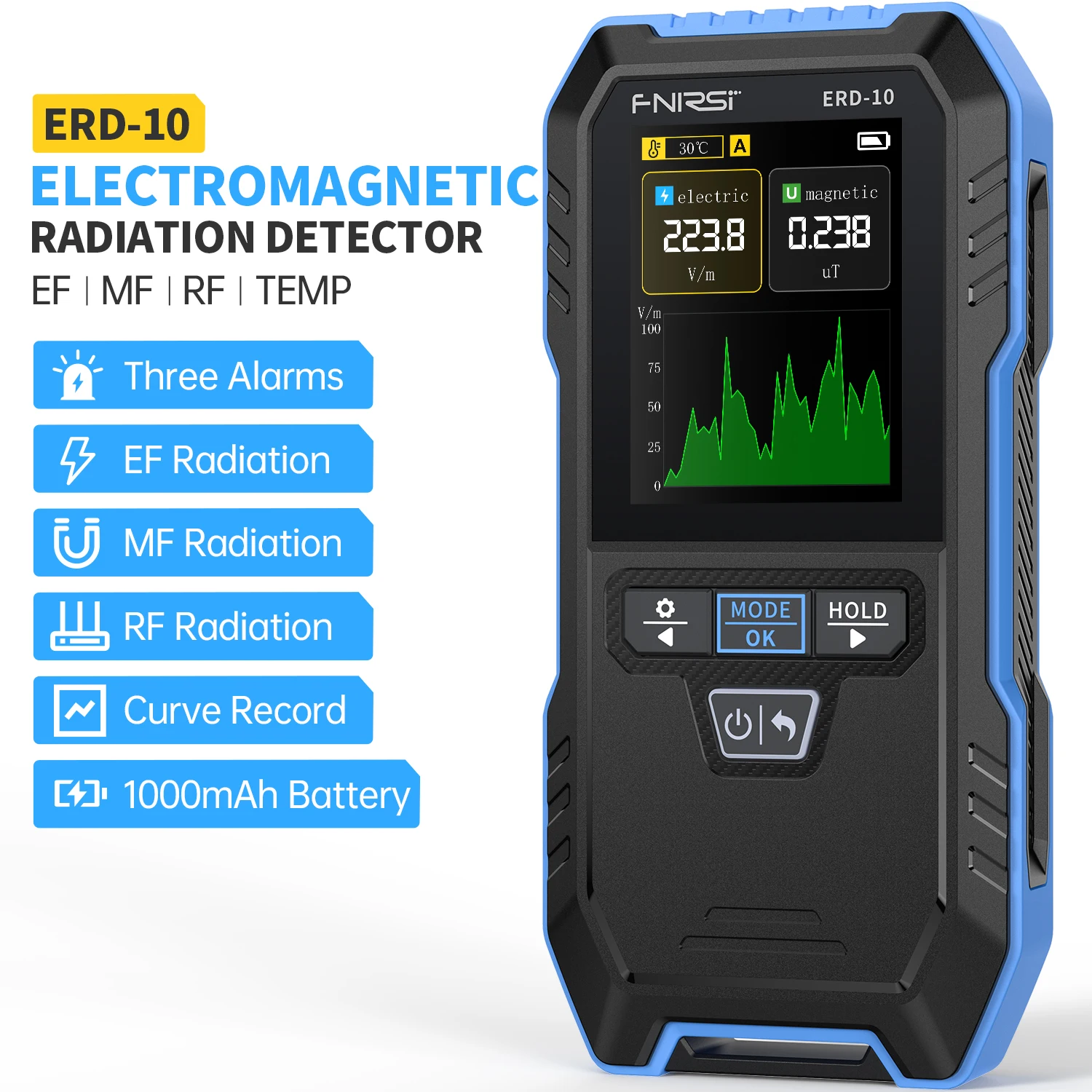 Rilevatore Di Radiazioni ERD-10 3 In 1 – Misura EF, MF E RF, Allarme Superamento, Display TFT A Colori Da 2.4", Batteria 1000 MAh