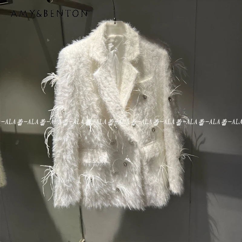 

New 2024 European Style Blazers Fashion High-End Mink Faux Fur Heavy Industry Feather Diamond Suit Jacket For Women's Clothes