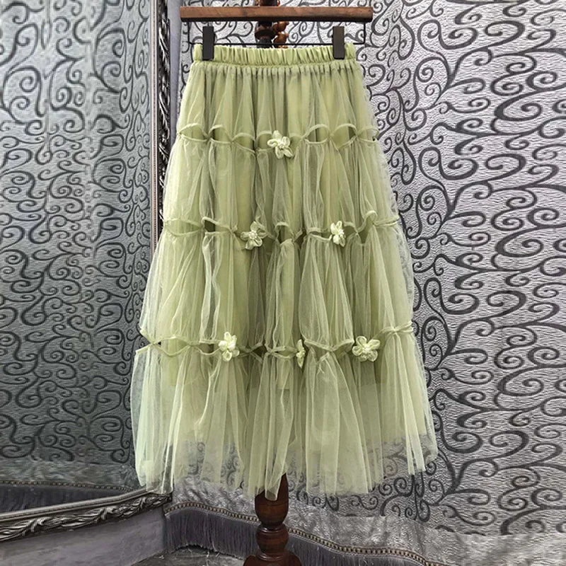 

New Korean Fashion Mesh Skirts High Quality Women Elastic Waist Flower Beading Deco Casual Green Long Maxi Skirts Party Club