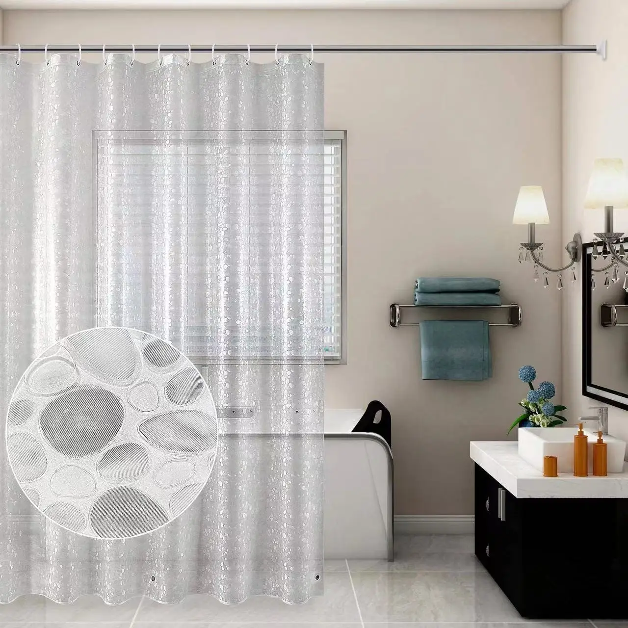 Nordic PEVA Shower Curtain - Pebble Texture Privacy Design w/Metal ...