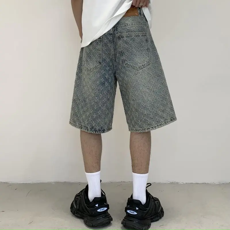 Men's Stylish American Cowboy Shorts Loose Fit Floral Print Straight-Leg Seven-Quarter Fashion Denim