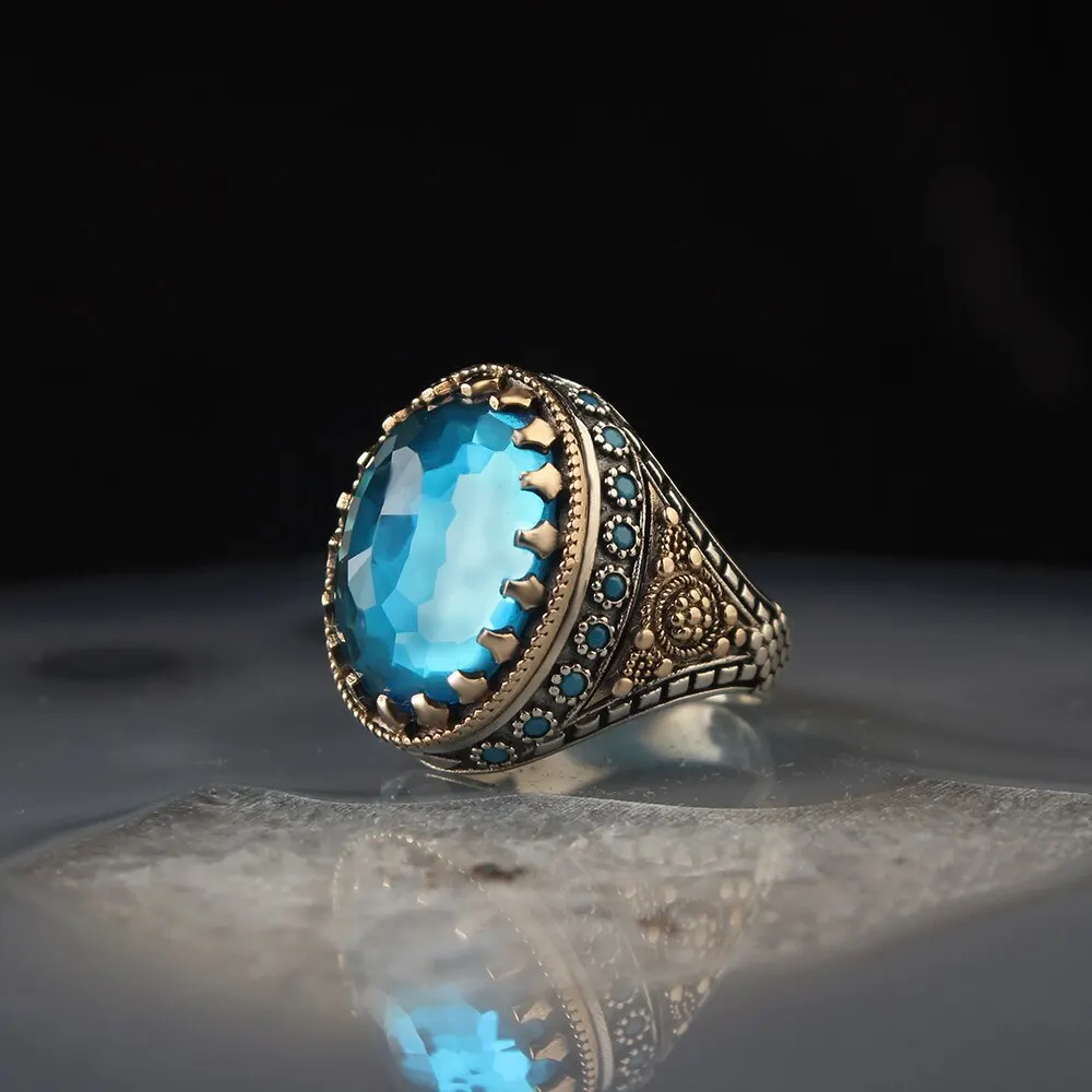 

Turkish Handmade 925 Sterling Silver Rings For Men Blue Topaz Stone Jewelry Fashion Gift Mens Accessories Movador