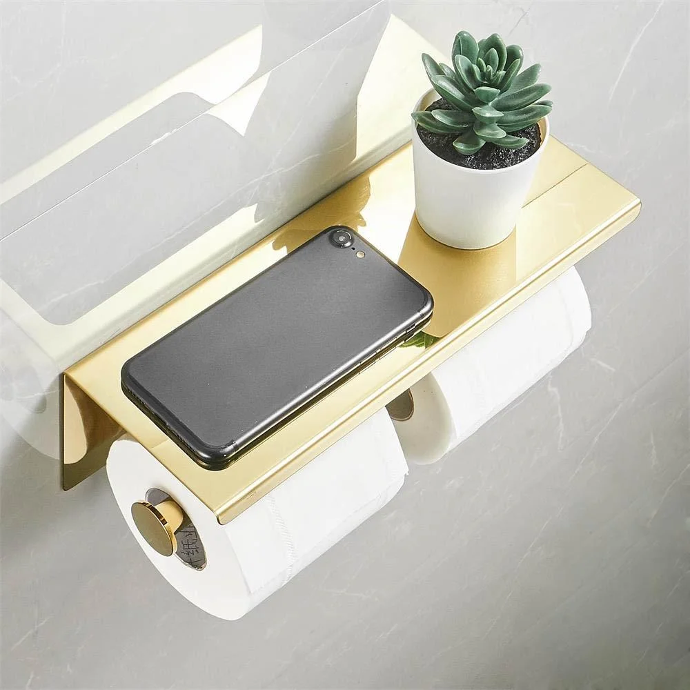 Multi-Functional Toilet Roll Paper Holder with Shelf Wall Mounted Double Roll Tissue Holder Dispenser Bathroom Gold