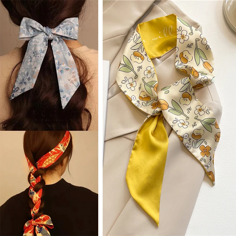 

Luxury Brand Silk Ribbon Scarf Women Satin Design Skinny Hair Hand Wrist Summer Echarpe Headband Print Foulard Bandana 2022