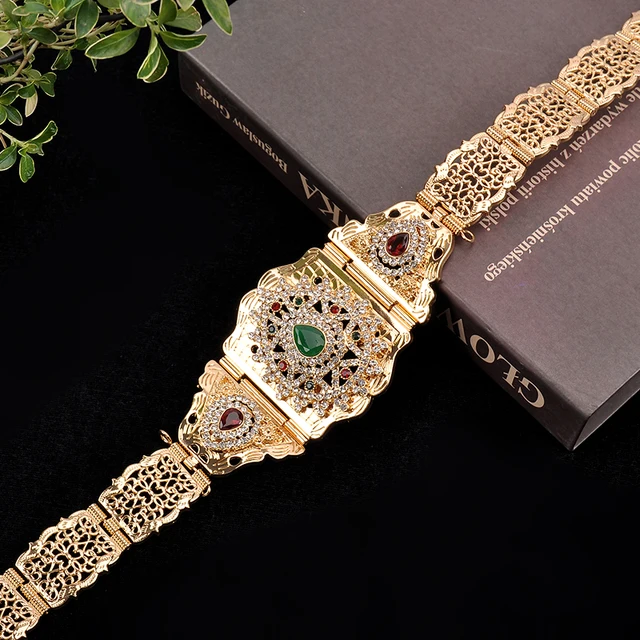 Arab Wedding Ornaments Set Fashionable Green Rhinestone Jewelry Moroccan Women Pearl Earrings Pearl Necklace Waist Chain, Waist chain 2