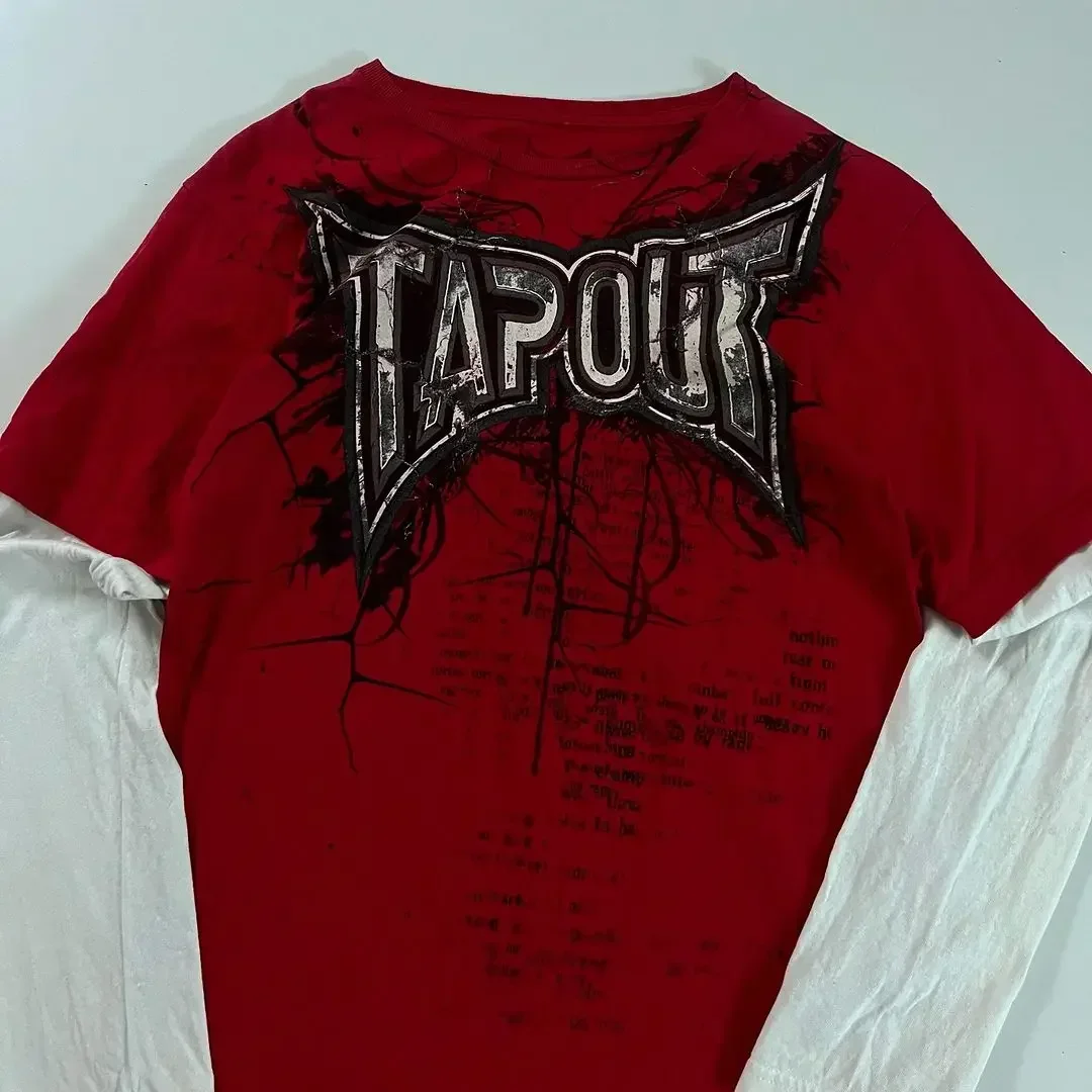 TAPOUT New Y2K Red Printing T shirt Men Hip Hop Round Neck
