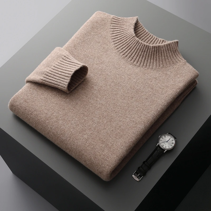 Winter Double Thick Men's Cashmere Sweater With Semi-High Neck High-End Warm Wool Knitted Bottoming Shirt 5
