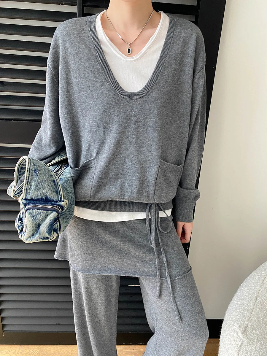 Frühlings-Damen-Freizeitset: Einfarbiger, kontrastierender, zweiteiliger Strickpullover mit weitem Bein und lässiger Hose – Detail 14