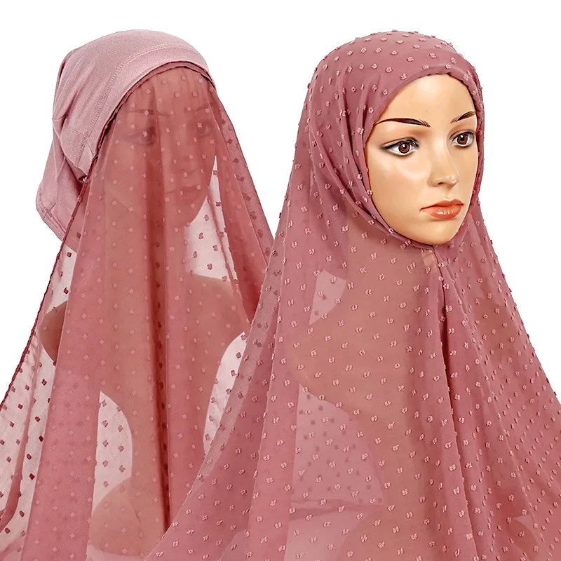 

Breathable Instant Hijab Headscarf Solid Color Lightweight Tube Cap Ready To Wear Chiffon Muslim Shawl Elastic Pom Pom Dot Scarf