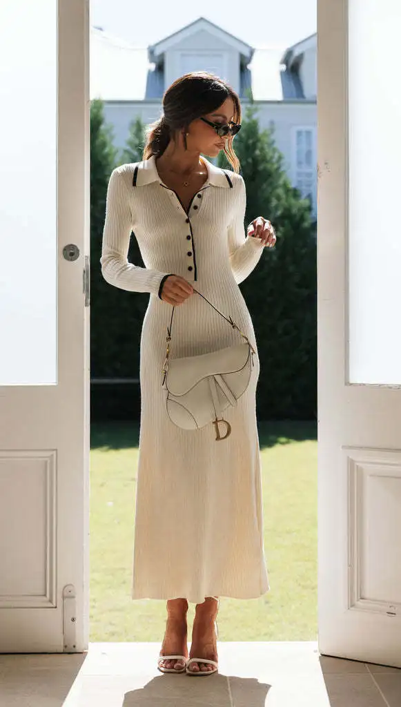 Female Slim Knit Maxi Dress Patchwork Elegant Lapel Contrast Casual Dress High Waist Knitwear Party Dress Autumn Outfit
