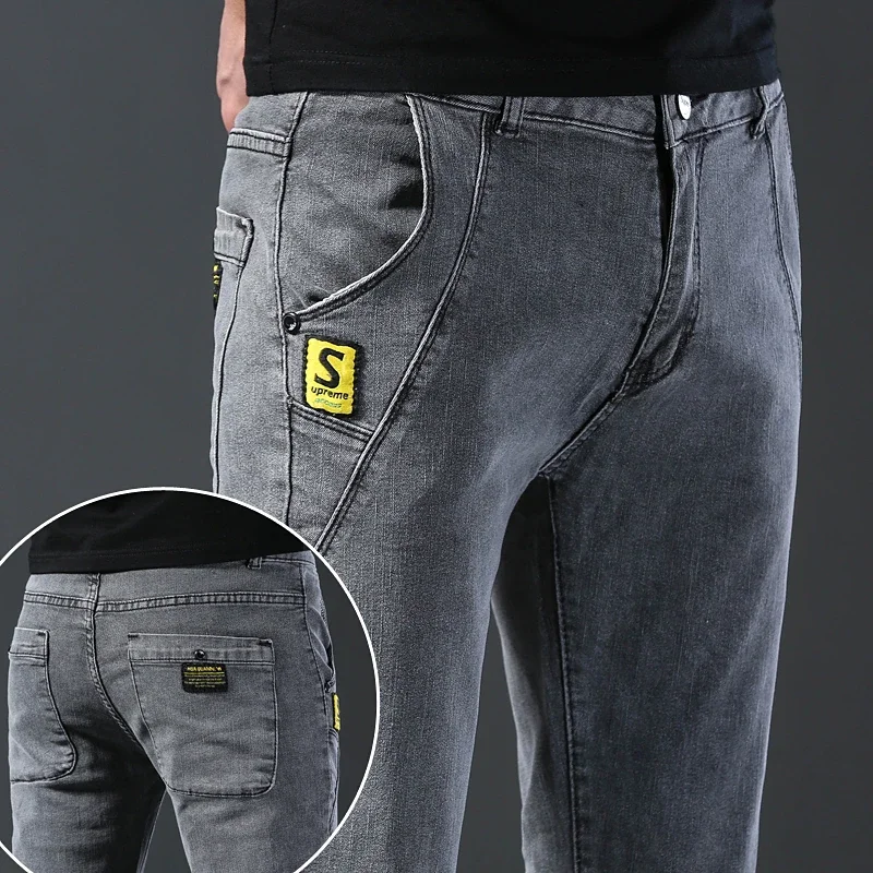 Autumn New Fashion Jeans Men Korean Style Straight Grey Middle  Waist Pants Male Casual Denim Trousers