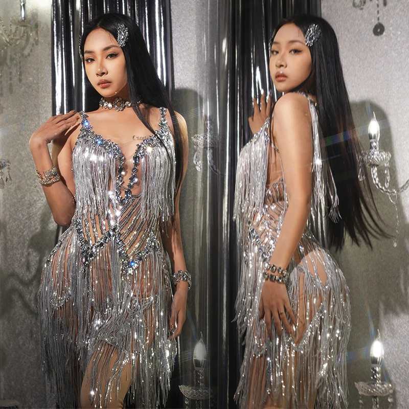 

2023 Silver Tassel Evening Dresses Drag Queen Costume Party Banquet Rhinestones Dress Singer Stage Wear Festival Outfit VDB6641