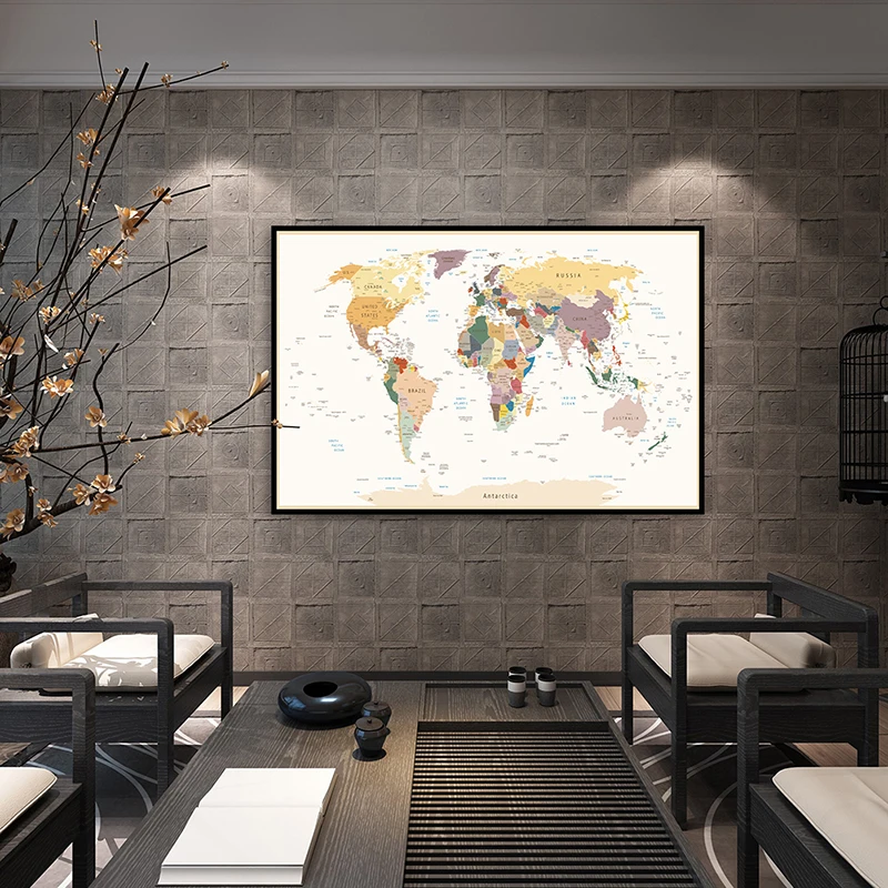 

84*59cm Political Map of The World Canvas Painting Vintage Wall Art Poster Living Room Home Decoration Kids School Supplies