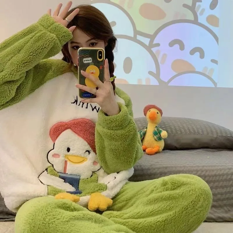 Lady Coral Velvet Pajamas Women Autumn Winter Sleepwear Thickened Warm Sweet Cute Girls Flannel Outerwear Homewear Suit Students