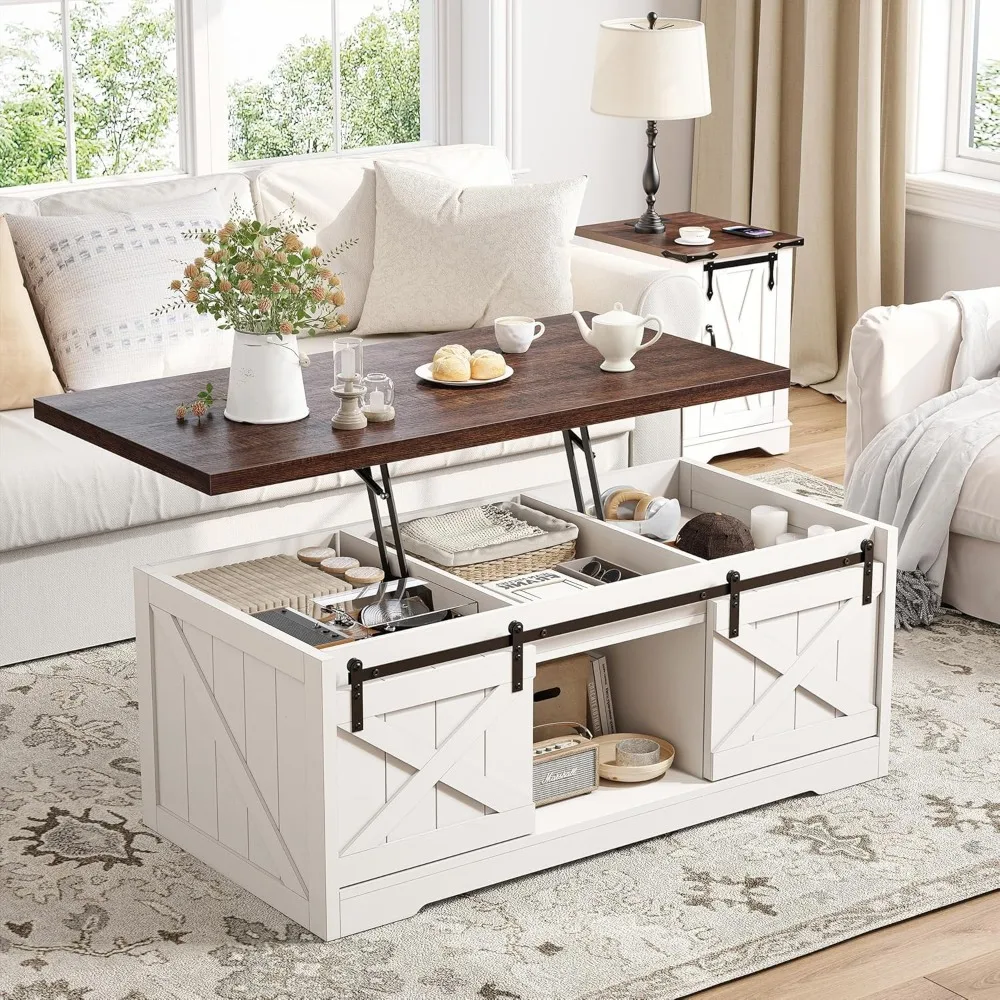 Farmhouse Lift Top Coffee Table with Sliding Barn Door Large Coffee Tables for Living Room, Wood Center Table