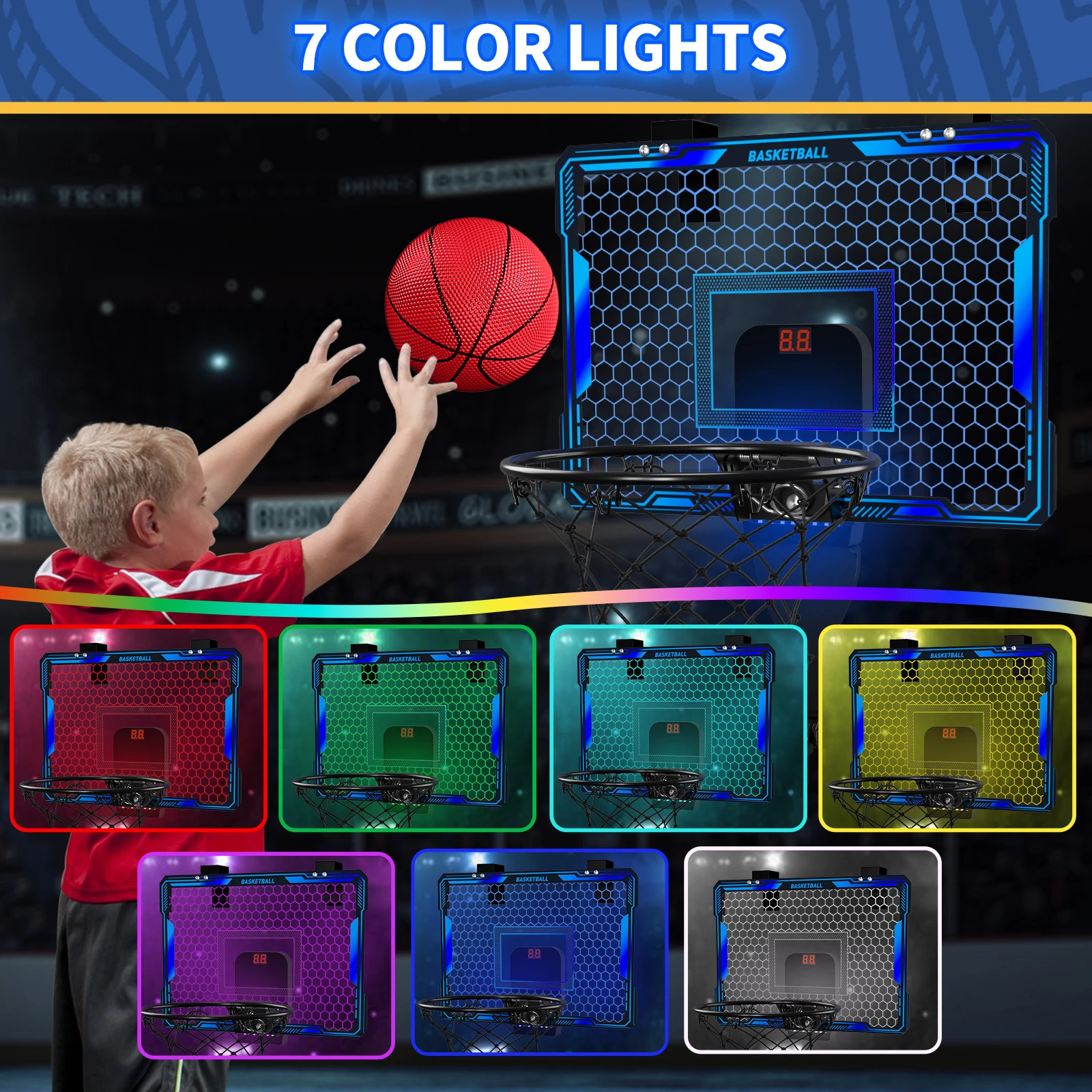 Remote Control Basketball Hoop Indoor with 7 LED Lighting, Over Door Basketball Hoop, Basketball Toys Gift for Kids, Adults