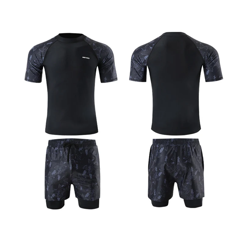 Men's 2pcs/set Rash Guards Short Sleeve Quick-Dry Dive Skin Sun Protection Compression Swim Shirts and Trunks Swimsuit Beachwear
