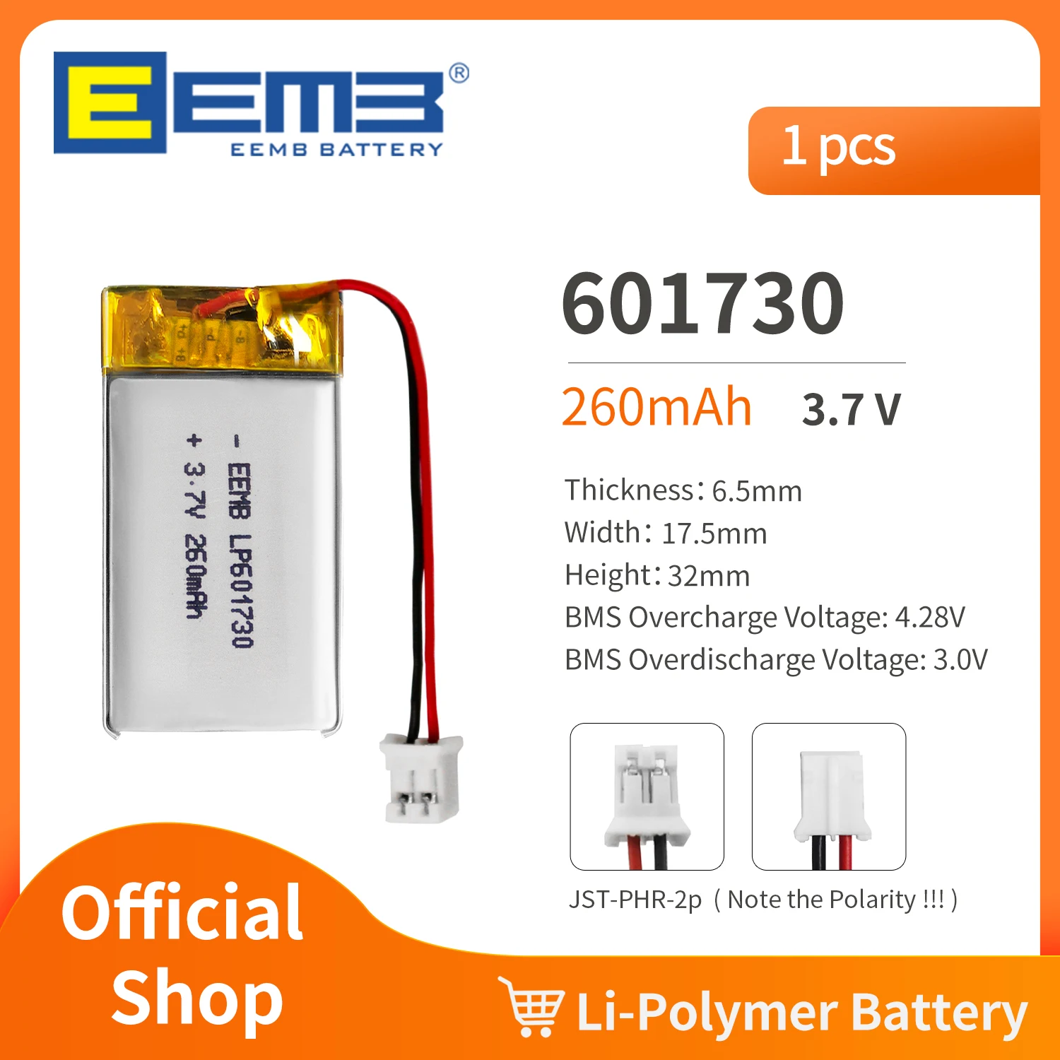 EEMB 601730 3.7V Battery 260mAh Rechargeable Lithium Polymer Battery Pack For Dashcam,Flashlight,Bluetooth Speaker, GPS,Camera