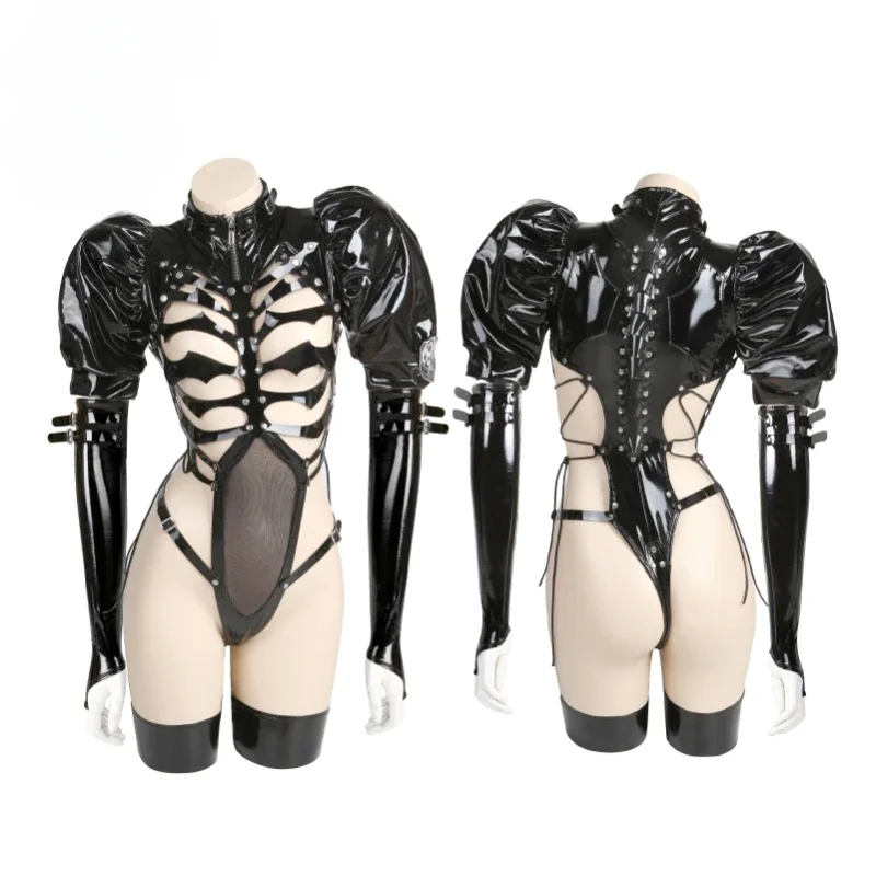 

Skeletal Maid Dark Dynasty Original Black Lacquer Leather Sexy Set COS Mechanical Punk Cyberbone Halloween Costume
