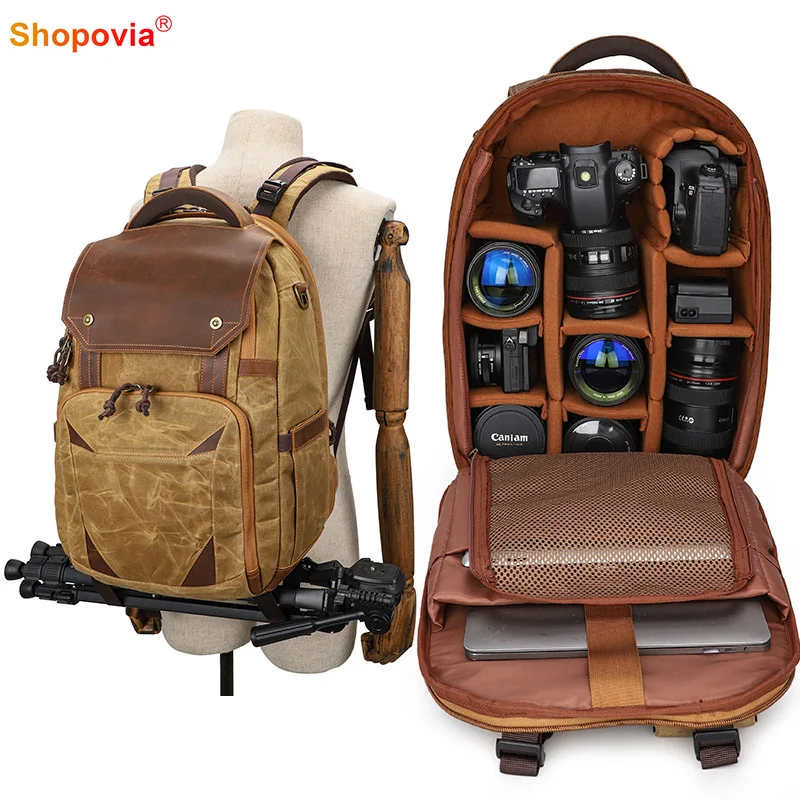 Men Camera Bag Photography Waterproof Leather Backpack Retro Batik