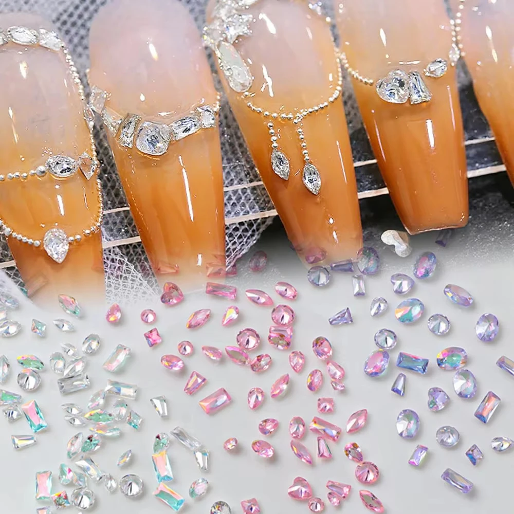 50PCS 스파클 5A 미니 지르콘 오로라 얼음 반투명 코냑 믹스 모양 샤프 다이아몬드 네일 아트 라인 석 장식 매니큐어 매력