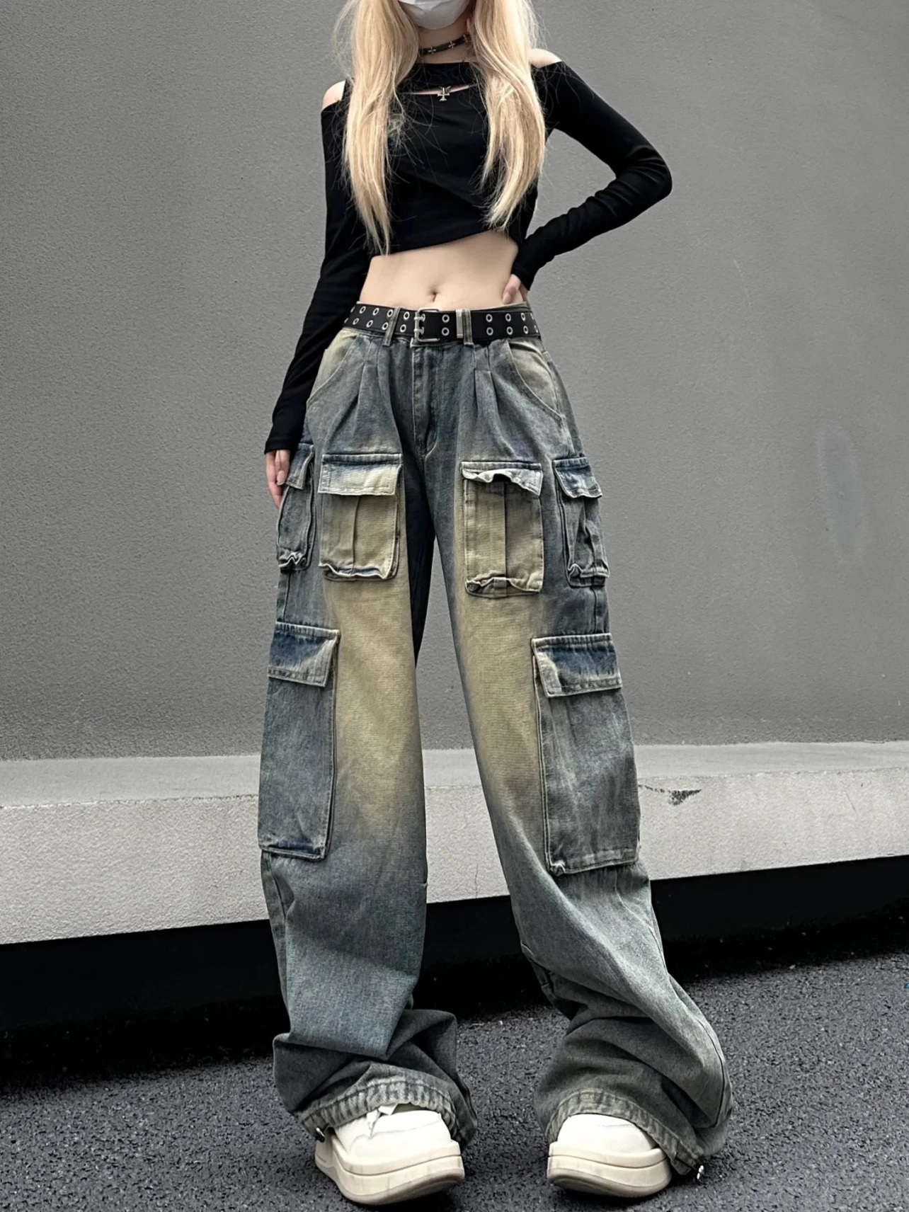 QWEEK Y2k Vintage Baggy Jeans Women Grunge Washed Multiple Pockets Denim Cargo Pants Low Rise Sweatwear Causal Wide Leg Trousers
