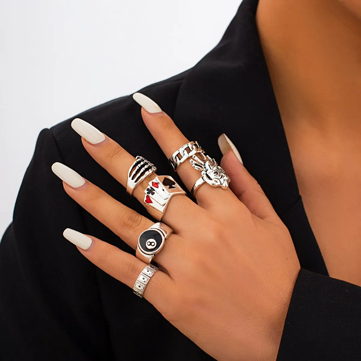 Punk Rings Hip Hop Vintage Skull Ghost Claw Poker Clown Ring Set for Women Hollow Geometric Size 8 Jewelry Steampunk Men