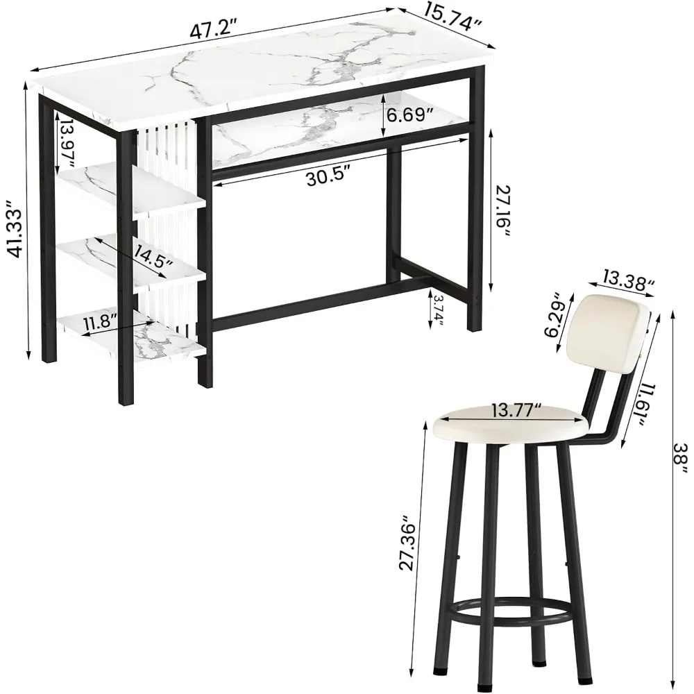 3-Piece Bar Table and Chairs Set, Modern White Faux Marble Table with 2 PU Cushion Bar Stools, Kitchen Counter 2