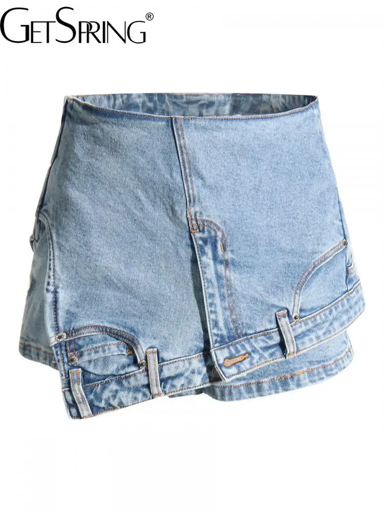 

GetSpring Women Shorts Personality Stitching Irregular Denim Shorts All Match Fashion High Waist Blue Black Jean Shorts 2023 New