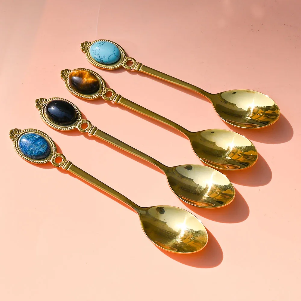 Stainless Steel Spoon Golden Stainless Steel Spoon Coffee Tea Dessert Spoons with Natural Crystal Stone Quartz Handle Creative for Home Office Decor