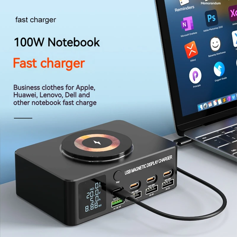 멀티 포트 고속 충전기 스테이션 PD 100W 무선 충전 QC 3.0 디지털 디스플레이, 노트북 아이폰 삼성 맥북 프로용, 140W