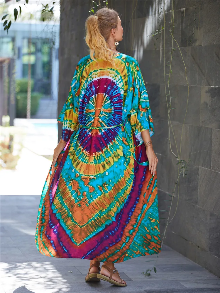 2023 Bohemian Swimsuit Cover Up Retro Stripe Self Belted Women Summer Clothes Long Kimono Dress Beachwear Bikini Cover-ups Q1521 3