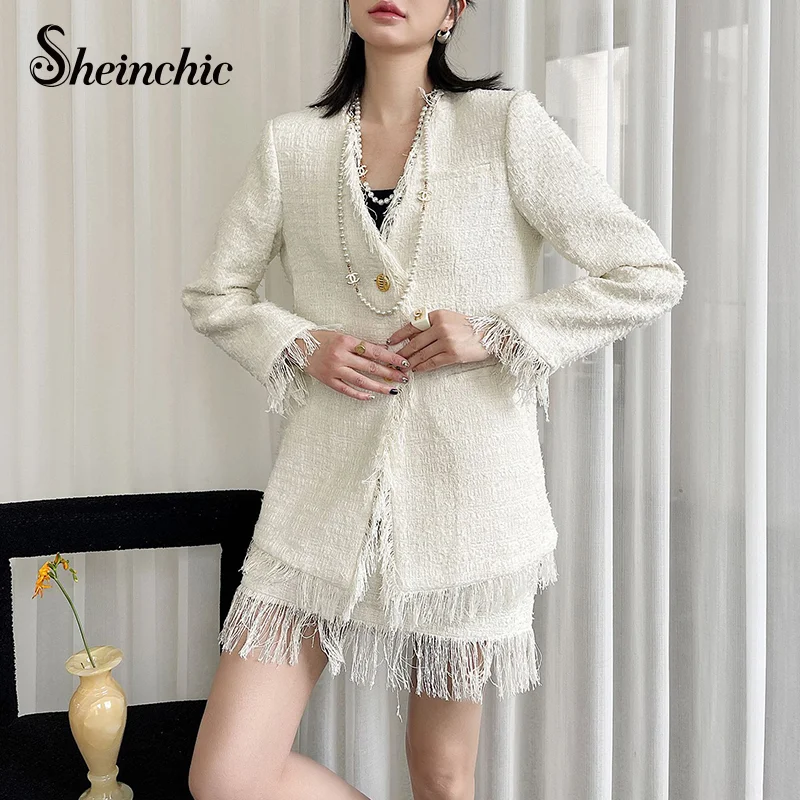 

Classy White Tweed Jacket and Skirt Two Piece Set for Women 2023 Autumn Winter Elegant Tassel Outfit Korean Fashion Streetwear