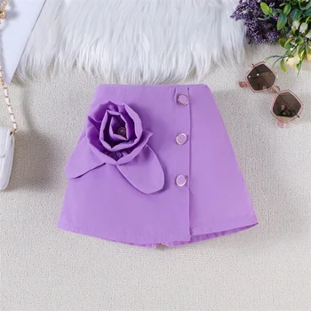 Adorable Baby Girl Summer Ensemble Flutter Sleeve Square Neck Top with 3D Floral Detailing and Matching A-Line Skirt - 2 Piece 3