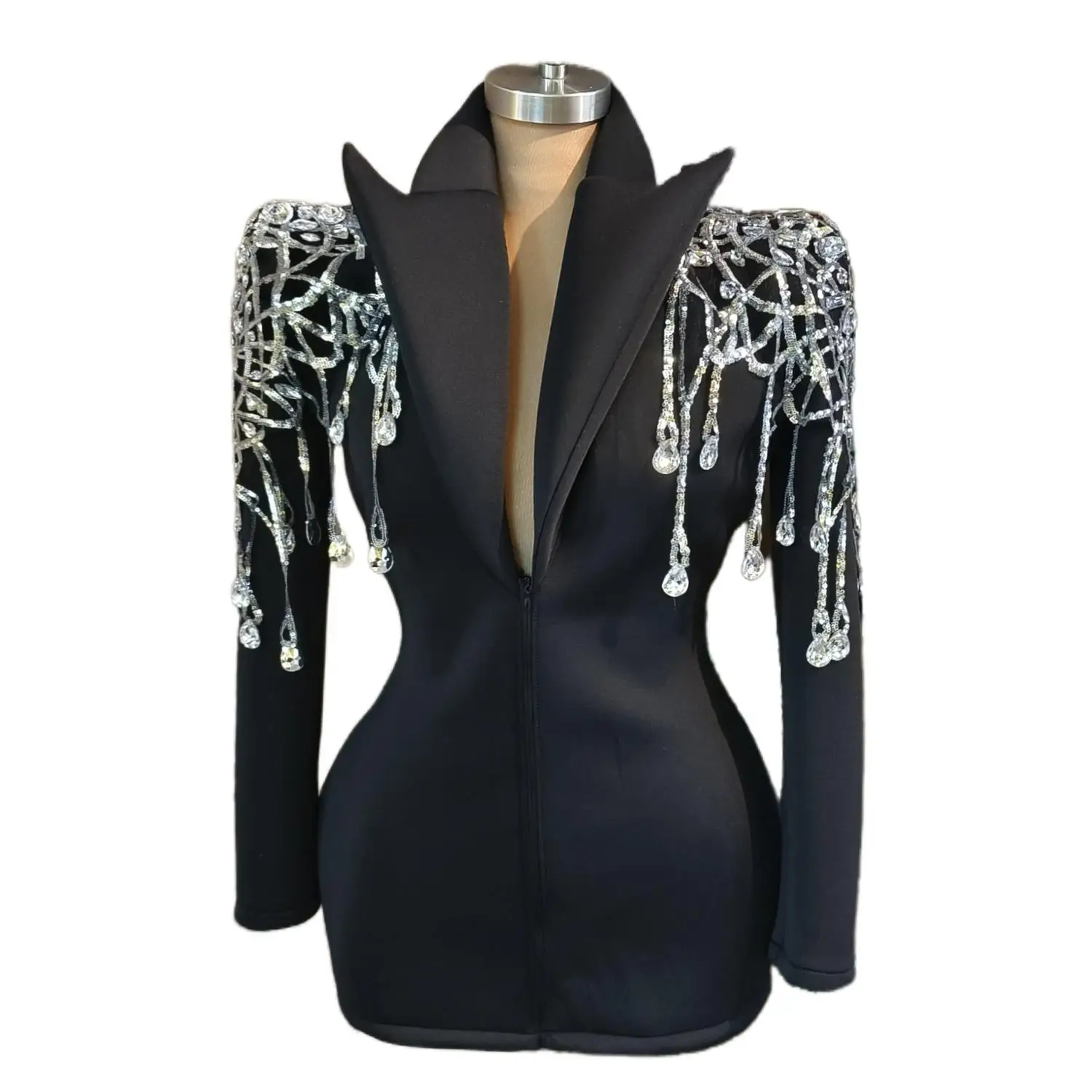 

Shining Silver Sequins Crystals Black Jacket Sexy Stage Wear DJ Singer Nightclub Dress Jazz Dance Costume Show Performance Wear