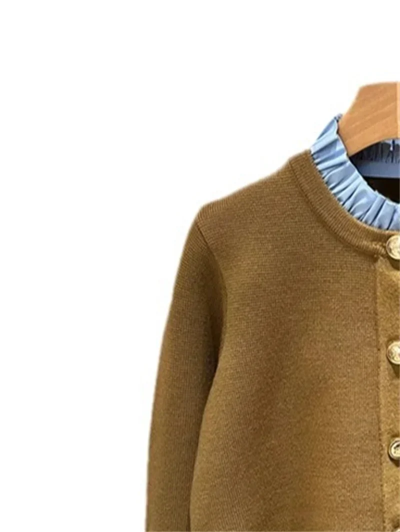 2024 New Women Camel Metal Button Knitted Cardigan Letter Embroidery Pocket Removable Collar Lady Long Sleeve Retro Sweater Coat 2