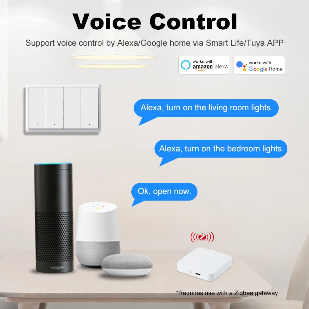 스마트 라이프 Zigbee 전등 스위치 중립선 없음 및 중립선 US 1-4 갱 푸시 버튼 Alexa Google 홈용 물리적 벽 스위치