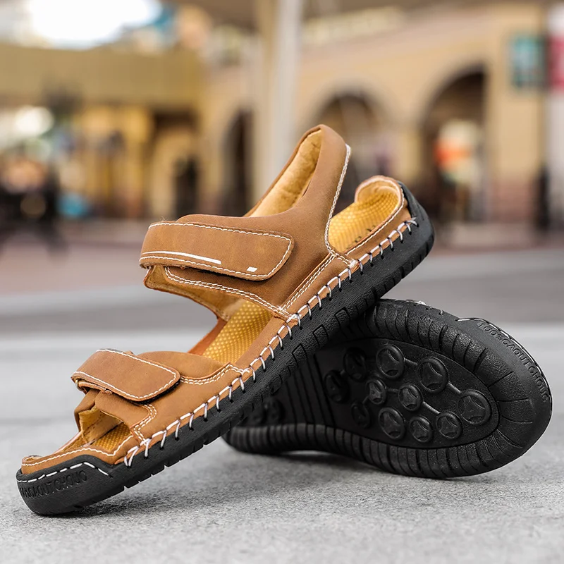 Sandálias gladiadoras masculinas de verão Roma ao ar livre plataforma de couro clássico moda antiderrapante caminhadas sapatos de praia tamanho 38-48_voghion.com