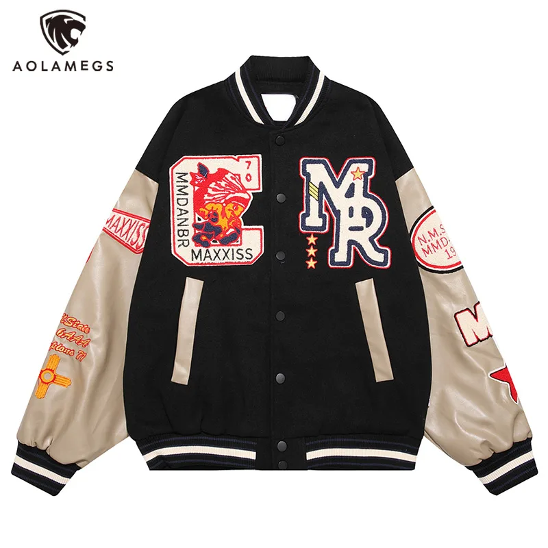 

High Street Colorblock Cartoon Indigenous Graphic Letter Star Patch Jackets for Men Y2K Oversized Leather Sleeve Baseball Jacket