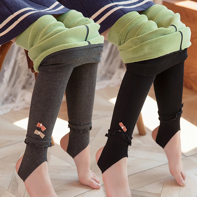 

Princess Girl winter Fleece Lining stripes tights Two-tone pearl bow baby child pants plus velvet Thickened warmth kids trousers