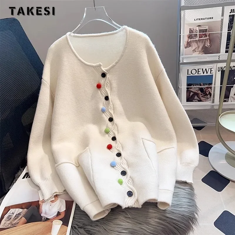 

2023 Winter Casual Office Lady Knitting Pockets Long Sleeve Cardigans Women's Fashion Round Neck Solid Color Elegant Sweater Top