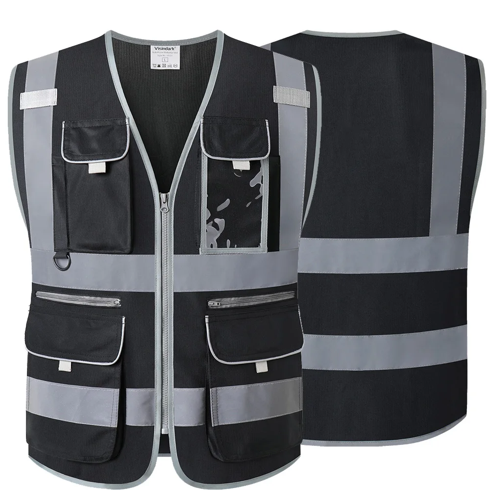 9 Multi-Pockets Black Safety Vest Reflective with Pockets and Zippers Construction Reflective Work Vest For Men Plus Size