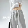Gray Fleece Lined Sports Pants Women's Autumn Winter Loose Wide Leg American Casual Thickened Sweatpants Straight Cut